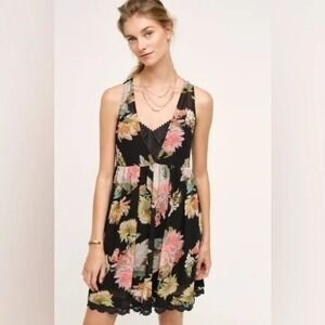 Anthropologie $168 Maeve Women's Violetta Floral Babydoll Dress Black‎ Small